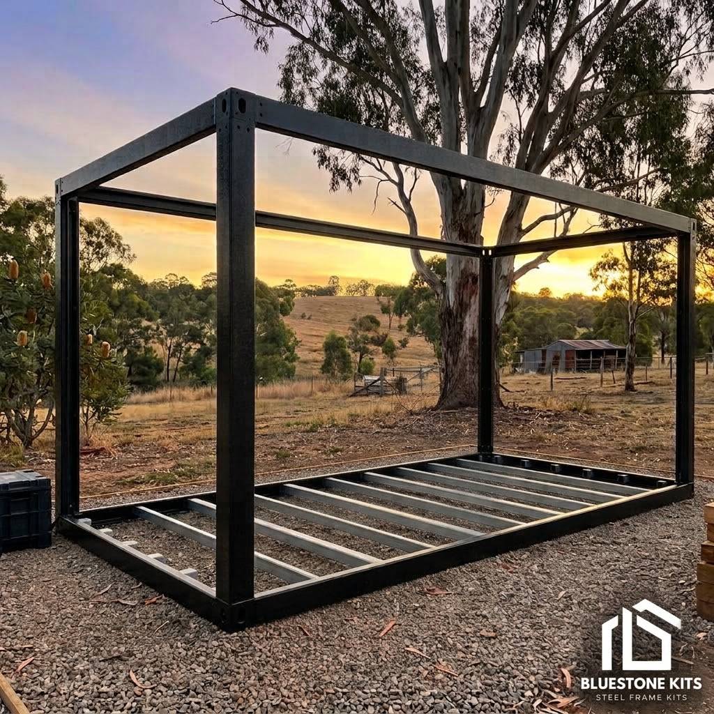 The 18m² steel cabin frame kit, bolted up